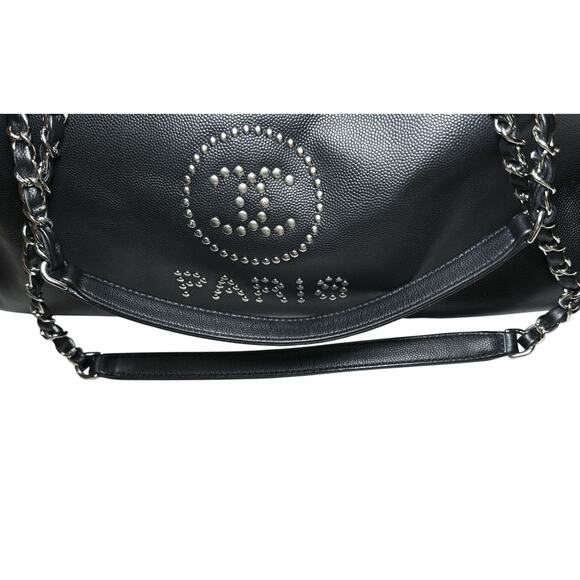 CHANEL Deauville Black Caviar Leather Studded Logo Large Shopping Tote Bag SHW - Picture 14 of 15